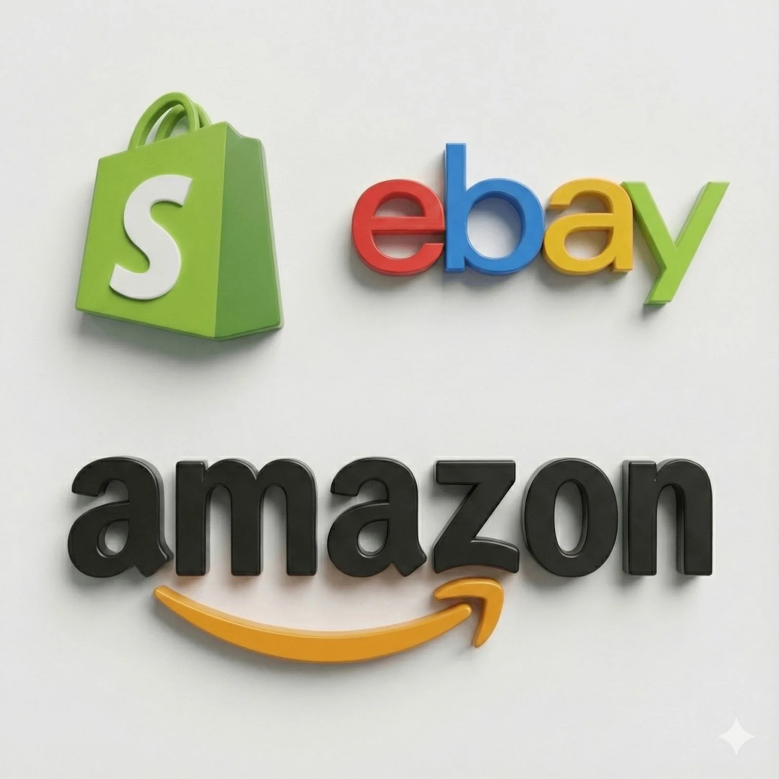 3D logos of Shopify, eBay, and Amazon